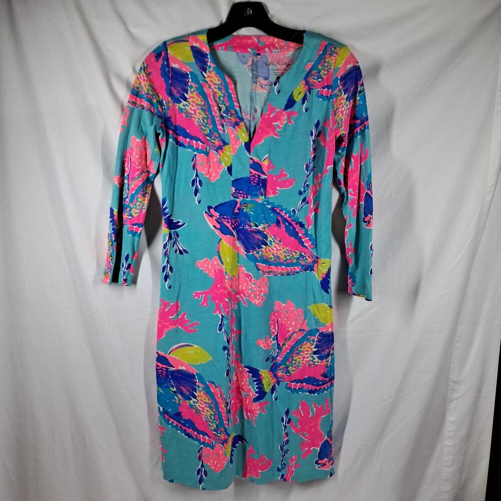 Lilly Pulitzer Fish V Neck Dress 100% Pima Cotton Size XXS
